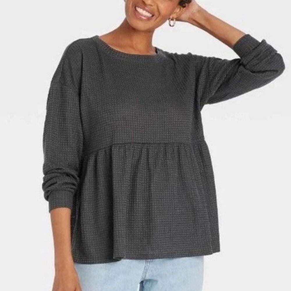 NWT Knox Rose Top Long Sleeve Women's Waffle Knit Peplum‎  Gray Size XLarge